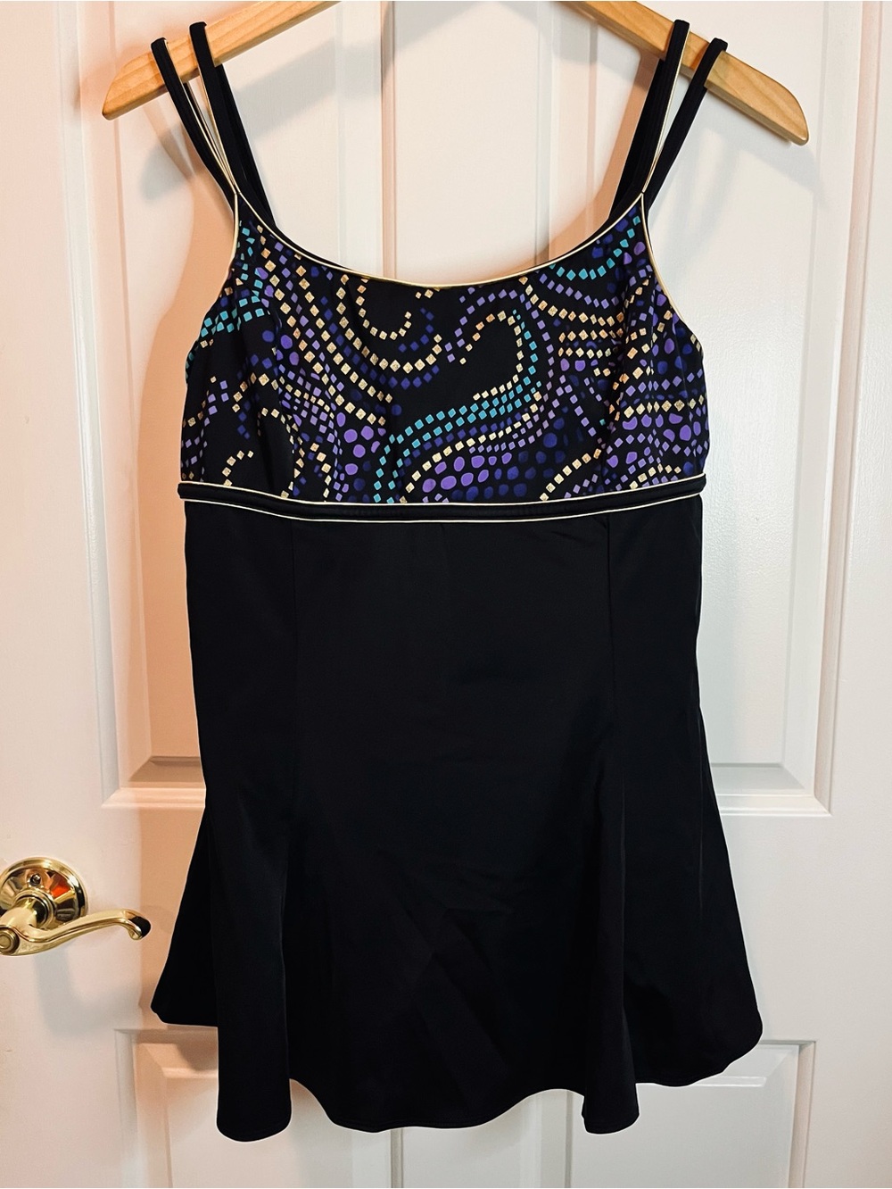 Longitude Women’s Empire Black Swimdress with Multicolor Dot-Pattern Sz 10